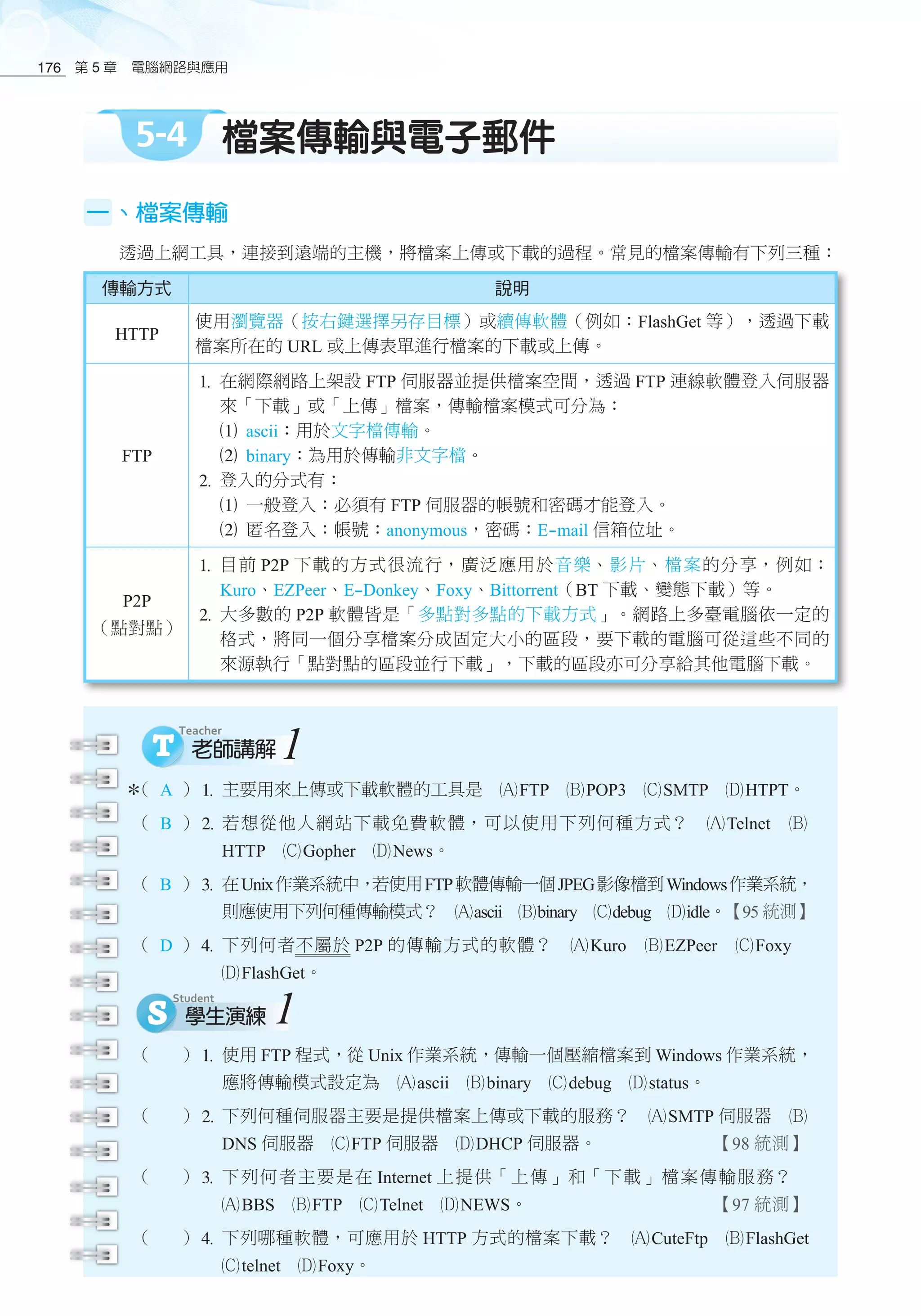 第 5 章　電腦網路與應用176
5-4 檔案傳輸與電子郵件
一、檔案傳輸
透過上網工具，連接到遠端的主機，將檔案上傳或下載的過程。常見的檔案傳輸有下列三種：
傳輸方式 說明
HTTP
使用瀏覽器（按右鍵選擇另存目標）或續傳軟體（例如：FlashGet 等），透過下載
檔案所在的 URL 或上傳表單進行檔案的下載或上傳。
FTP
1	在網際網路上架設 FTP 伺服器並提供檔案空間，透過 FTP 連線軟體登入伺服器
來「下載」或「上傳」檔案，傳輸檔案模式可分為：
1	ascii：用於文字檔傳輸。
2	binary：為用於傳輸非文字檔。
2	登入的分式有：
1	一般登入：必須有 FTP 伺服器的帳號和密碼才能登入。
2	匿名登入：帳號：anonymous，密碼：E-mail 信箱位址。
P2P
（點對點）
1	目前 P2P 下載的方式很流行，廣泛應用於音樂、影片、檔案的分享，例如：
Kuro、EZPeer、E-Donkey、Foxy、Bittorrent（BT 下載、變態下載）等。
2	大多數的 P2P 軟體皆是「多點對多點的下載方式」。網路上多臺電腦依一定的
格式，將同一個分享檔案分成固定大小的區段，要下載的電腦可從這些不同的
來源執行「點對點的區段並行下載」，下載的區段亦可分享給其他電腦下載。
二、E-mail 電子郵件
（ A ）1	主要用來上傳或下載軟體的工具是　酎FTP　酏POP3　釕SMTP　釢HTPT。
（ B ）2	若想從他人網站下載免費軟體，可以使用下列何種方式？　酎Telnet　酏
HTTP　釕Gopher　釢News。
（ B ）3	在Unix作業系統中，若使用FTP軟體傳輸一個JPEG影像檔到Windows作業系統，
則應使用下列何種傳輸模式？　酎ascii　酏binary　釕debug　釢idle。【95 統測】
（ D ）4	下列何者不屬於 P2P 的傳輸方式的軟體？　酎Kuro　酏EZPeer　釕Foxy　
釢FlashGet。
1
（ ）1	使用 FTP 程式，從 Unix 作業系統，傳輸一個壓縮檔案到 Windows 作業系統，
應將傳輸模式設定為　酎ascii　酏binary　釕debug　釢status。
（ ）2	下列何種伺服器主要是提供檔案上傳或下載的服務？　酎SMTP 伺服器　酏
DNS 伺服器　釕FTP 伺服器　釢DHCP 伺服器。 【98 統測】
（ ）3	下列何者主要是在 Internet 上提供「上傳」和「下載」檔案傳輸服務？　
酎BBS　酏FTP　釕Telnet　釢NEWS。 【97 統測】
（ ）4	下列哪種軟體，可應用於 HTTP 方式的檔案下載？　酎CuteFtp　酏FlashGet
釕telnet　釢Foxy。
1
 