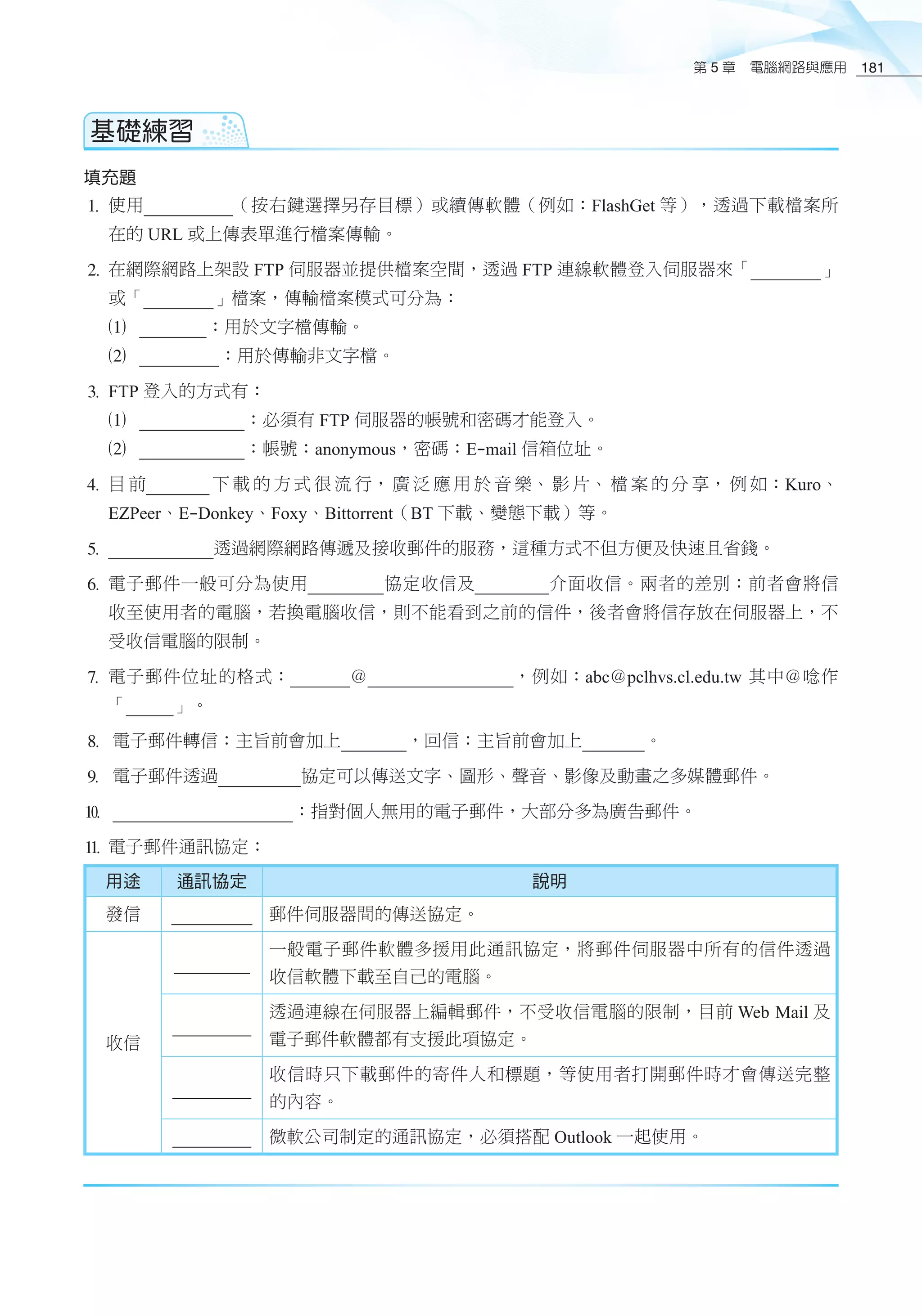 第 5 章　電腦網路與應用 181
基礎練習
填充題
1	使用 （按右鍵選擇另存目標）或續傳軟體（例如：FlashGet 等），透過下載檔案所
在的 URL 或上傳表單進行檔案傳輸。
2	在網際網路上架設 FTP 伺服器並提供檔案空間，透過 FTP 連線軟體登入伺服器來「 」
或「 」檔案，傳輸檔案模式可分為：
	 1		 ：用於文字檔傳輸。
	 2		 ：用於傳輸非文字檔。
3	FTP 登入的方式有：
	 1		 ：必須有 FTP 伺服器的帳號和密碼才能登入。
	 2		 ：帳號：anonymous，密碼：E-mail 信箱位址。
4	目 前 下 載 的 方 式 很 流 行， 廣 泛 應 用 於 音 樂、 影 片、 檔 案 的 分 享， 例 如：Kuro、
EZPeer、E-Donkey、Foxy、Bittorrent（BT 下載、變態下載）等。
5	 透過網際網路傳遞及接收郵件的服務，這種方式不但方便及快速且省錢。
6	電子郵件一般可分為使用 協定收信及 介面收信。兩者的差別：前者會將信
收至使用者的電腦，若換電腦收信，則不能看到之前的信件，後者會將信存放在伺服器上，不
受收信電腦的限制。
7	電子郵件位址的格式： ＠ ，例如：abc＠pclhvs.cl.edu.tw 其中＠唸作
「 」。
8	電子郵件轉信：主旨前會加上 ，回信：主旨前會加上 。
9	電子郵件透過 協定可以傳送文字、圖形、聲音、影像及動畫之多媒體郵件。
0	 ：指對個人無用的電子郵件，大部分多為廣告郵件。
q	電子郵件通訊協定：
用途 通訊協定 說明
發信 郵件伺服器間的傳送協定。
收信
一般電子郵件軟體多援用此通訊協定，將郵件伺服器中所有的信件透過
收信軟體下載至自己的電腦。
透過連線在伺服器上編輯郵件，不受收信電腦的限制，目前 Web Mail 及
電子郵件軟體都有支援此項協定。
收信時只下載郵件的寄件人和標題，等使用者打開郵件時才會傳送完整
的內容。
微軟公司制定的通訊協定，必須搭配 Outlook 一起使用。
基礎練習
 