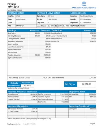 Payslip
MAY 2012
Mr. SAURAV KUMAR
Emp No. 339622
Dsgn. Systems Engineer
Grade C1
PAN BMVPK8192H
Bank Name ICICI Bank
Acc No. 118301503921
Days paid 31
Leave Balance EL 0.10 SL 25.10 CL 1.80
Location Gandhinagar Infocity
Base Br. TCS - Ahmedabad
Depute Br. TCS - Ahmedabad
WON/SWON 1002832
Employee Details Payment & Leave Details Location Details
Earnings Arrears (INR) Current(INR)
Basic Salary 600.00 11,100.00
BoB Kitty Allowance 593.00 593.00
Conveyance Non Taxable 800.00
House Rent Allowance 5,250.00
Sundry Medical 1,250.00
Leave Travel Allowance 875.00
Personal Allowance 2,576.00
Miscellaneous 7,100.00
Variable Allowance 900.00 10,400.00
Night Shift Allowance 4,320.00
Deductions Amount (INR)
Provident Fund 1,332.00
Arrears Provident Fund 72.00
Professional Tax 200.00
Income Tax 2,143.00
*inclusive of provisional interest
Retirals
as on Month end
Provident Fund*
60,783.00
Net Pay (INR) 42,610.00
Total Earnings (Current + Arrears) 46,357.00 Total Deductions 3,747.00
Projected Annual Tax Information Chapter VIA Relief
Annual Income* 3,96,448.00 Net Tax Income r/o 3,74,470.00 80C-Max 1 Lac 15,984.00
Professional Tax 2,400.00 Total Tax Payable 17,970.00 80D 3,596.00
Chapter VIA relief 19,580.00 Tax Deducted till date 3,334.00
Balance Tax 14,636.00
Investment Description Exemption Considered*
80D-Medical Premium 3,596.00 Conveyance 9,600.00
PF Contribution 15,984.00
* Please Note, Annual Income is after considering the exemption - if any.
Page 1Payslip generated on : 16 Apr 2014,11:44:16
 
