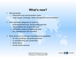 What’s new? New groupings Information and communication sector water supply, sewerage, waste management and remediation More tabulation categories for services professional technical, and business services administrative and support services real estate, rental and leasing services art, entertainment and recreation More divisions ( to increase international comparability) for new groupings and growing services  in manufacturing and construction all the above  human health services 