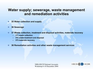 Water supply; sewerage, waste management and remediation activities 35 Water collection and supply 36 Sewerage 37 Waste collection, treatment and disposal activities, materials recovery 371 waste collection 372 waste treatment and disposal 373 materials recovery 38 Remediation activities and other waste management services 