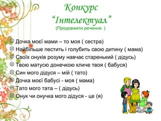 Конкурс
“Інтелектуал”
(Продовжити речення. )
 Дочка моєї мами – то моя ( сестра)
 Найбільше пестить і голубить свою дитину ( мама)
 Своїх онуків розуму навчає старенький ( дідусь)
 Твою матусю донечкою кличе твоя ( бабуся)
 Син мого дідуся – мій ( тато)
 Дочка моєї бабусі - моя ( мама)
 Тато мого тата – ( дідусь)
 Онук чи онучка мого дідуся - це (я)
 