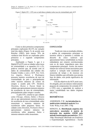 Hongyu, K., Sandanielo, V. L. M., Junior, G. J. O. Análise de Componentes Principais: resumo teórico, aplicação e interpretação.E&S -
Engineering and Science, (2016), 5:1.
89
E&S - Engineering and Science ISSN: 2358-5390DOI: 10.18607/ES20164053 Volume 1, Edição 5
Figura 3. Biplot CP1 × CP2 com os indivíduos (cidades) sobre taxa de criminalidade pela ACP.
Como os dois primeiros componentes
principais explicaram 68,13% da variação
total dos dados (Figura 3), de acordo com
Rencher (2002), pelo menos 70% da
variância total devem ser explicadas pelos
primeiros e o segundo componentes
principais.
Analisando a Figura 3, que é o
BiplotCP1xCP2 com as cidades sobre taxas
de criminalidade e as equações (1) e (2),
pode-se concluir que, de acordo com os
dados de criminalidade das cidades dos
Estados Unidos e com a ACP, New York,
Los Angeles, Detroit e Washington
possuem maiores ocorrências de taxa de
criminalidade do país e principalmente
sobre maiores números de crimes de
estupro e assalto pela CP1. Hartford,
Honoluiu, Boston e Tueson foram às
cidades que apresentaram menores números
de ocorrências de taxa de criminalidade,
principalmente sobre estupro e assalto.
E pela CP2, conclui-se que cidades
como Chicago, Atlanta, Dallas e Houton
são as que apresentaram maiores números
de ocorrências de taxa criminalidade sobre
assassinato e menores números de
ocorrências sobre pequenos furtos. As
cidades como Honolulu, Portland e Denver
apresentaram maiores números de
ocorrências sobre pequenos furtos e
menores números sobre assassinato.
CONCLUSÃO
Tendo em vista os resultados obtidos,
a análise de componentes principais se
mostrou efetiva e permitiu a retirada ou
descarte de cinco variáveis que
apresentaram baixa variabilidade ou foram
redundantes por estarem correlacionadas
com as de maior importância para dois
componentes principais. Assim, um menor
número de variáveis foram necessárias para
explicar a variação total resultando em
economia de tempo e de recursos em
futuros trabalhos que utilizarão essa mesma
base de dados, sem perda significativa de
informação.
Um dos objetivos da ACP, neste caso,
foi atingido, pois um número relativamente
pequeno de componentes foi extraído (CP1
e CP2) com a capacidade de explicar a
maior variabilidade nos dados originais
(68,13%).
REFERÊNCIAS
ANDERSON, T.W. An introduction to
multivariate statistical analysis.New
York: Wiley, 6 ed. 2003. 374p.
HONGYU, K. Distribuição empírica dos
autovalores associados à matriz de
interação dos modelos AMMI pelo
método bootstrapnão-paramétrico. 2012.
104p. Dissertação (Mestrado em Estatística
e Experimentação Agronômica) - Escola
 