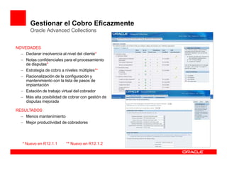 Gestionar el Cobro Eficazmente
      Oracle Advanced Collections


NOVEDADES
 – Declarar insolvencia al nivel del cliente*
 – Notas confidenciales para el procesamiento
   de disputas*
 – Estrategia de cobro a niveles múltiples**
 – Racionalización de la configuración y
   mantenimiento con la lista de pasos de
   implantación
 – Estación de trabajo virtual del cobrador
 – Más alta posibilidad de cobrar con gestión de
   disputas mejorada

RESULTADOS
 – Menos mantenimiento
 – Mejor productividad de cobradores




  * Nuevo en R12.1.1       ** Nuevo en R12.1.2
 
