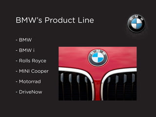 BMW’s Product Line
- BMW
- BMW i
- Rolls Royce
- MINI Cooper
- Motorrad
- DriveNow
 