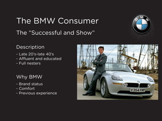 The BMW Consumer
The “Successful and Show”
Description
- Late 20’s-late 40’s
- Affluent and educated
- Full nesters
Why BMW
- Brand status
- Comfort
- Previous experience
 