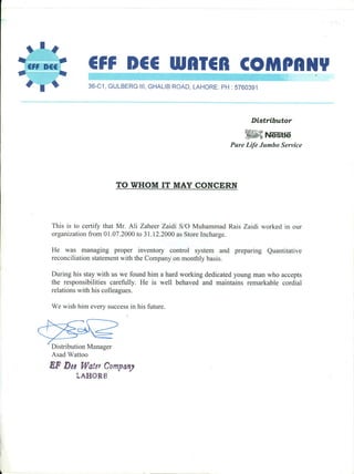 Experince Certificate EFF DEE Water Company