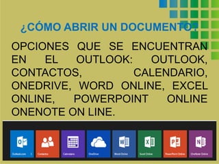 ¿CÓMO ABRIR UN DOCUMENTO? 
OPCIONES QUE SE ENCUENTRAN 
EN EL OUTLOOK: OUTLOOK, 
CONTACTOS, CALENDARIO, 
ONEDRIVE, WORD ONLINE, EXCEL 
ONLINE, POWERPOINT ONLINE 
ONENOTE ON LINE. 
 