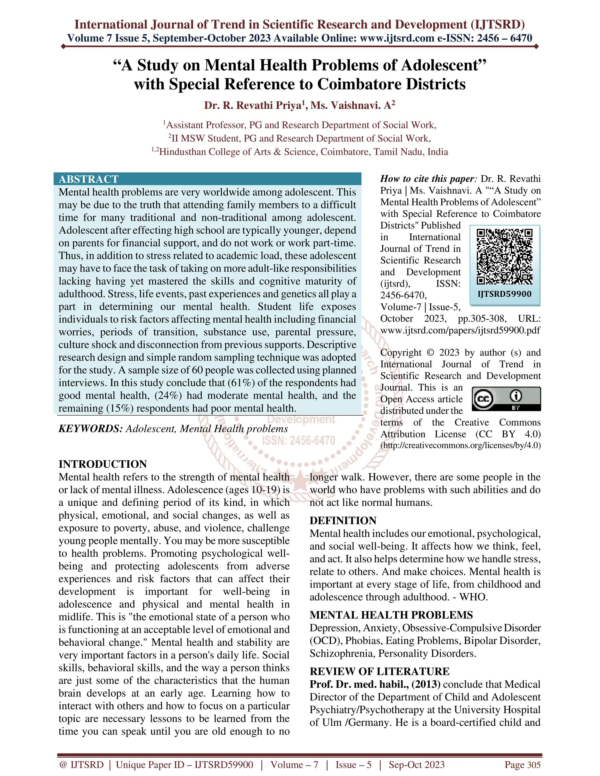 “A Study on Mental Health Problems of Adolescent” with Special ...
