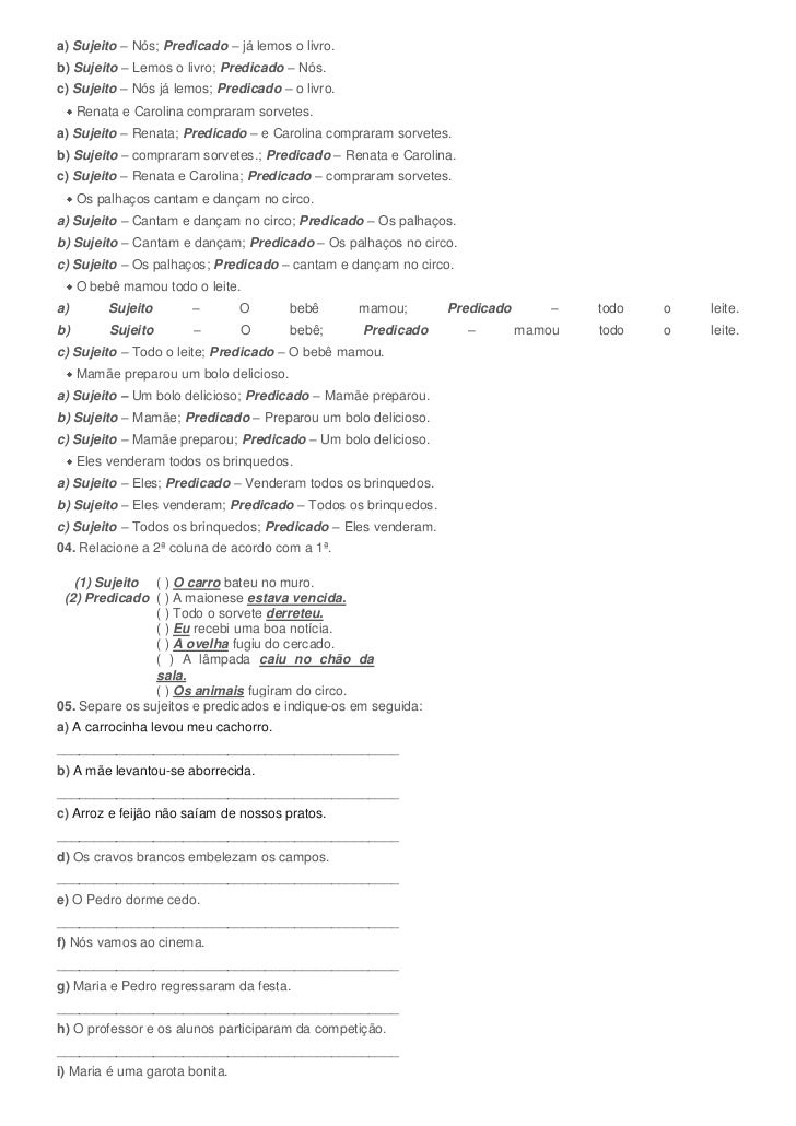 Atividade Sujeito E Predicado 5 Ano Com Gabarito
