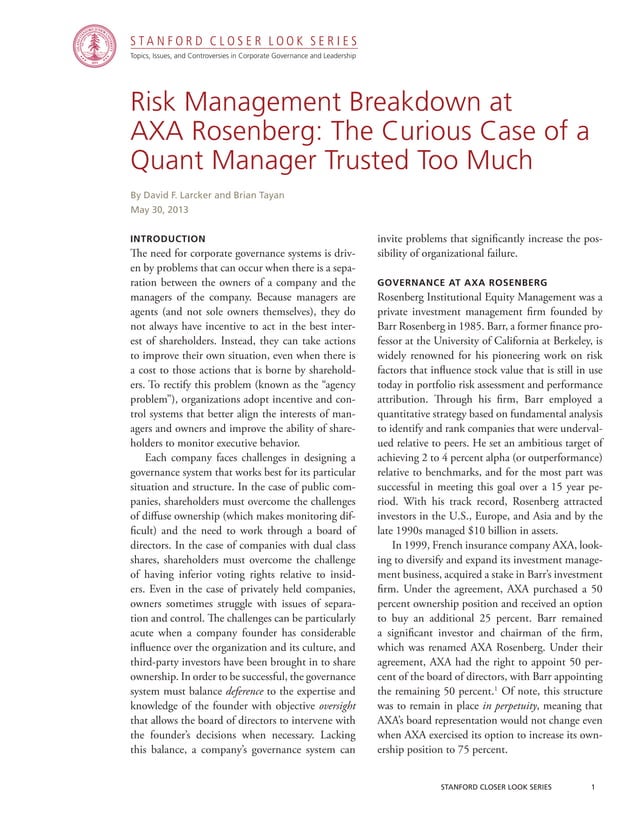 Risk Management Breakdown at AXA Rosenberg The Curious Case of a Quant