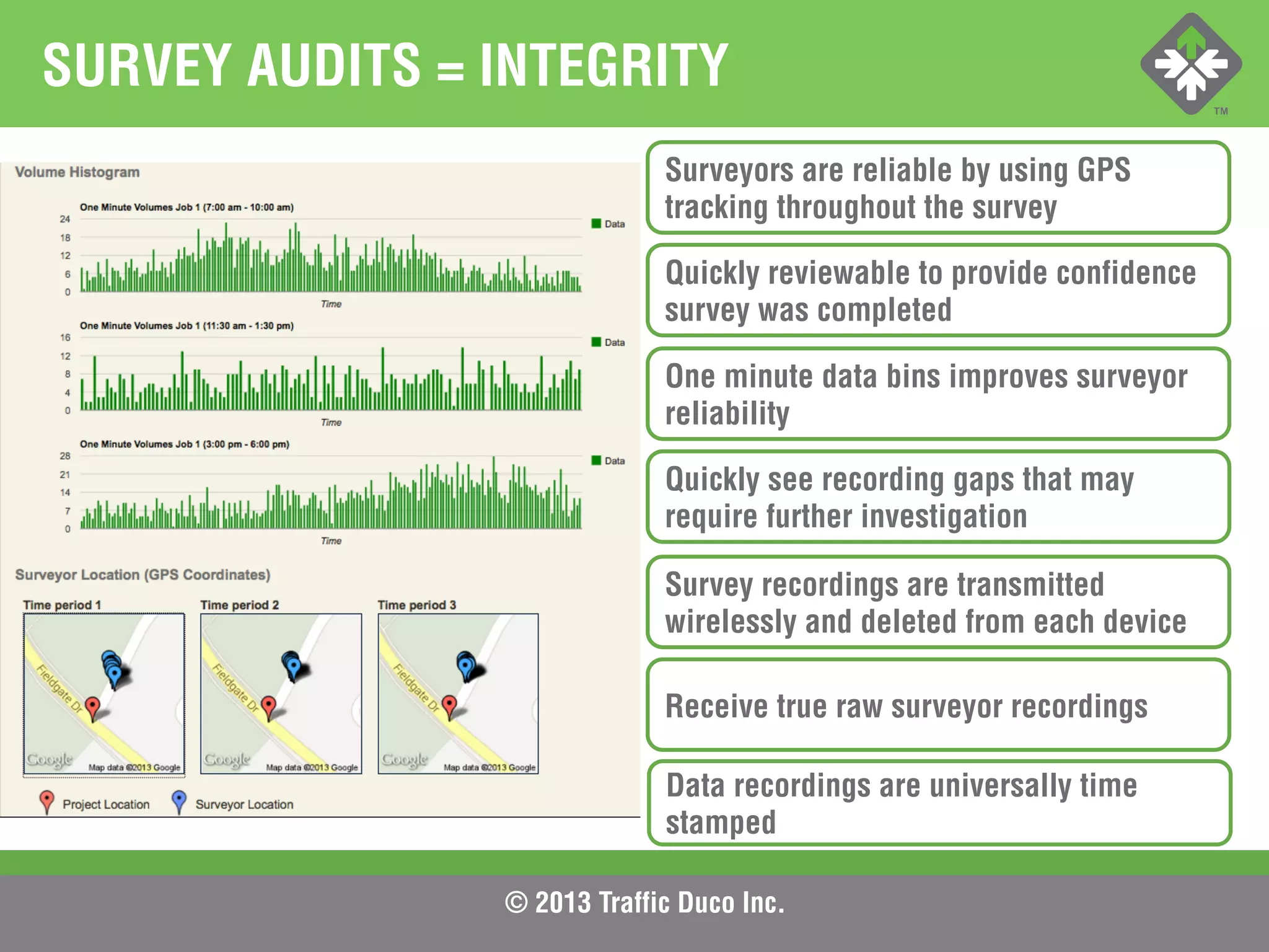 © 2013 Traffic Duco Inc.
SURVEY AUDITS = INTEGRITY
Surveyors are reliable by using GPS
tracking throughout the survey
Quickly reviewable to provide confidence
survey was completed
One minute data bins improves surveyor
reliability
Quickly see recording gaps that may
require further investigation
Survey recordings are transmitted
wirelessly and deleted from each device
Receive true raw surveyor recordings
Data recordings are universally time
stamped
 