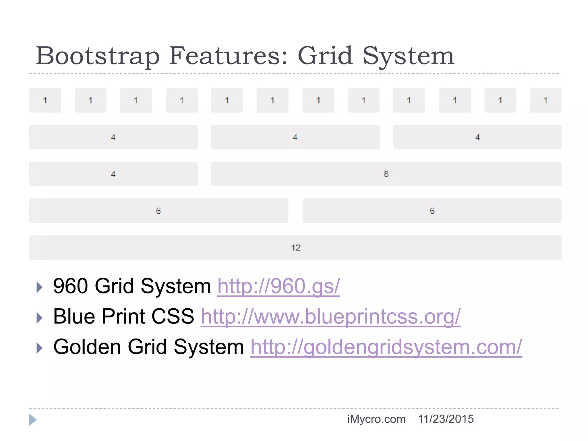 Bootstrap Features: Grid System
 960 Grid System http://960.gs/
 Blue Print CSS http://www.blueprintcss.org/
 Golden Grid System http://goldengridsystem.com/
11/23/2015iMycro.com
 