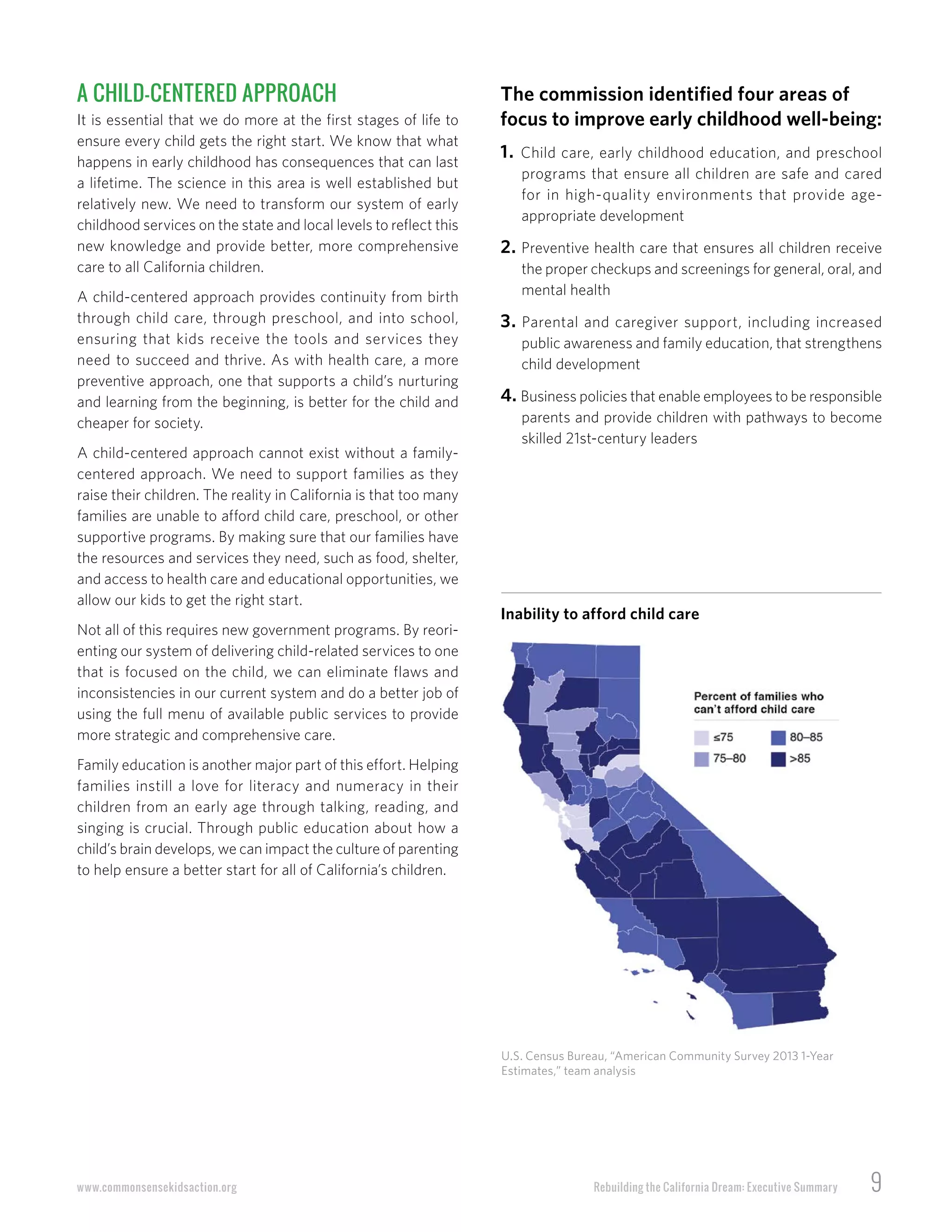 Rebuilding the California Dream: Executive Summary 9www.commonsensekidsaction.org
A CHILD-CENTERED APPROACH
It is essential that we do more at the first stages of life to
ensure every child gets the right start. We know that what
happens in early childhood has consequences that can last
a lifetime. The science in this area is well established but
relatively new. We need to transform our system of early
childhood services on the state and local levels to reflect this
new knowledge and provide better, more comprehensive
care to all California children.
A child-centered approach provides continuity from birth
through child care, through preschool, and into school,
ensuring that kids receive the tools and services they
need to succeed and thrive. As with health care, a more
preventive approach, one that supports a child’s nurturing
and learning from the beginning, is better for the child and
cheaper for society.
A child-centered approach cannot exist without a family-
centered approach. We need to support families as they
raise their children. The reality in California is that too many
families are unable to afford child care, preschool, or other
supportive programs. By making sure that our families have
the resources and services they need, such as food, shelter,
and access to health care and educational opportunities, we
allow our kids to get the right start.
Not all of this requires new government programs. By reori-
enting our system of delivering child-related services to one
that is focused on the child, we can eliminate flaws and
inconsistencies in our current system and do a better job of
using the full menu of available public services to provide
more strategic and comprehensive care.
Family education is another major part of this effort. Helping
families instill a love for literacy and numeracy in their
children from an early age through talking, reading, and
singing is crucial. Through public education about how a
child’s brain develops, we can impact the culture of parenting
to help ensure a better start for all of California’s children.
The commission identified four areas of
focus to improve early childhood well-being:
1. Child care, early childhood education, and preschool
programs that ensure all children are safe and cared
for in high-quality environments that provide age-
appropriate development
2. Preventive health care that ensures all children receive
the proper checkups and screenings for general, oral, and
mental health
3. Parental and caregiver support, including increased
public awareness and family education, that strengthens
child development
4. Business policies that enable employees to be responsible
parents and provide children with pathways to become
skilled 21st-century leaders
U.S. Census Bureau, “American Community Survey 2013 1-Year
Estimates,” team analysis
Inability to afford child care
 