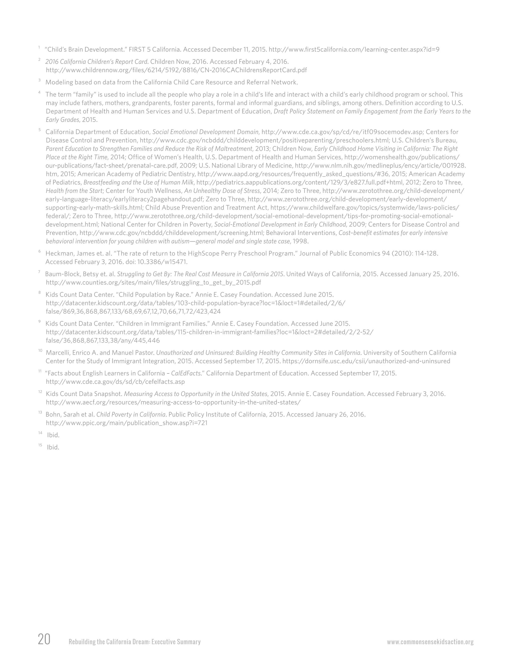 20 Rebuilding the California Dream: Executive Summary www.commonsensekidsaction.org
1
“Child’s Brain Development.” FIRST 5 California. Accessed December 11, 2015. http://www.first5california.com/learning-center.aspx?id=9
2
2016 California Children’s Report Card. Children Now, 2016. Accessed February 4, 2016.
http://www.childrennow.org/files/6214/5192/8816/CN-2016CAChildrensReportCard.pdf
3
Modeling based on data from the California Child Care Resource and Referral Network.
4
The term “family” is used to include all the people who play a role in a child’s life and interact with a child’s early childhood program or school. This
may include fathers, mothers, grandparents, foster parents, formal and informal guardians, and siblings, among others. Definition according to U.S.
Department of Health and Human Services and U.S. Department of Education, Draft Policy Statement on Family Engagement from the Early Years to the
Early Grades, 2015.
5
California Department of Education, Social Emotional Development Domain, http://www.cde.ca.gov/sp/cd/re/itf09socemodev.asp; Centers for
Disease Control and Prevention, http://www.cdc.gov/ncbddd/childdevelopment/positiveparenting/preschoolers.html; U.S. Children’s Bureau,
Parent Education to Strengthen Families and Reduce the Risk of Maltreatment, 2013; Children Now, Early Childhood Home Visiting in California: The Right
Place at the Right Time, 2014; Office of Women’s Health, U.S. Department of Health and Human Services, http://womenshealth.gov/publications/
our-publications/fact-sheet/prenatal-care.pdf, 2009; U.S. National Library of Medicine, http://www.nlm.nih.gov/medlineplus/ency/article/001928.
htm, 2015; American Academy of Pediatric Dentistry, http://www.aapd.org/resources/frequently_asked_questions/#36, 2015; American Academy
of Pediatrics, Breastfeeding and the Use of Human Milk, http://pediatrics.aappublications.org/content/129/3/e827.full.pdf+html, 2012; Zero to Three,
Health from the Start; Center for Youth Wellness, An Unhealthy Dose of Stress, 2014; Zero to Three, http://www.zerotothree.org/child-development/
early-language-literacy/earlyliteracy2pagehandout.pdf; Zero to Three, http://www.zerotothree.org/child-development/early-development/
supporting-early-math-skills.html; Child Abuse Prevention and Treatment Act, https://www.childwelfare.gov/topics/systemwide/laws-policies/
federal/; Zero to Three, http://www.zerotothree.org/child-development/social-emotional-development/tips-for-promoting-social-emotional-
development.html; National Center for Children in Poverty, Social-Emotional Development in Early Childhood, 2009; Centers for Disease Control and
Prevention, http://www.cdc.gov/ncbddd/childdevelopment/screening.html; Behavioral Interventions, Cost–benefit estimates for early intensive
behavioral intervention for young children with autism—general model and single state case, 1998.
6
Heckman, James et. al. “The rate of return to the HighScope Perry Preschool Program.” Journal of Public Economics 94 (2010): 114-128.
Accessed February 3, 2016. doi: 10.3386/w15471.
7
Baum-Block, Betsy et. al. Struggling to Get By: The Real Cost Measure in California 2015. United Ways of California, 2015. Accessed January 25, 2016.
http://www.counties.org/sites/main/files/struggling_to_get_by_2015.pdf
8
Kids Count Data Center. “Child Population by Race.” Annie E. Casey Foundation. Accessed June 2015.
http://datacenter.kidscount.org/data/tables/103-child-population-byrace?loc=1&loct=1#detailed/2/6/
false/869,36,868,867,133/68,69,67,12,70,66,71,72/423,424
9
Kids Count Data Center. “Children in Immigrant Families.” Annie E. Casey Foundation. Accessed June 2015.
http://datacenter.kidscount.org/data/tables/115-children-in-immigrant-families?loc=1&loct=2#detailed/2/2-52/
false/36,868,867,133,38/any/445,446
10
Marcelli, Enrico A. and Manuel Pastor. Unauthorized and Uninsured: Building Healthy Community Sites in California. University of Southern California
Center for the Study of Immigrant Integration, 2015. Accessed September 17, 2015. https://dornsife.usc.edu/csii/unauthorized-and-uninsured
11
“Facts about English Learners in California – CalEdFacts.” California Department of Education. Accessed September 17, 2015.
http://www.cde.ca.gov/ds/sd/cb/cefelfacts.asp
12
Kids Count Data Snapshot. Measuring Access to Opportunity in the United States, 2015. Annie E. Casey Foundation. Accessed February 3, 2016.
http://www.aecf.org/resources/measuring-access-to-opportunity-in-the-united-states/
13
Bohn, Sarah et al. Child Poverty in California. Public Policy Institute of California, 2015. Accessed January 26, 2016.
http://www.ppic.org/main/publication_show.asp?i=721
14
Ibid.
15
Ibid.
 