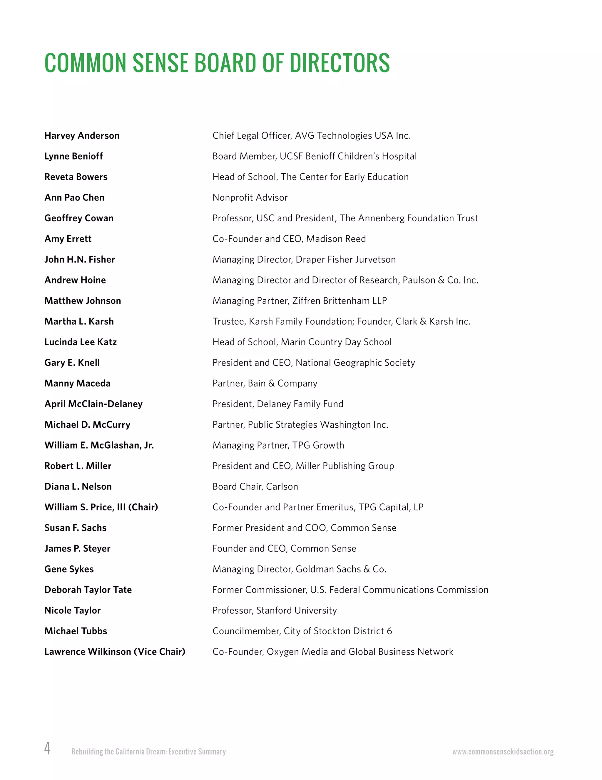 4 Rebuilding the California Dream: Executive Summary www.commonsensekidsaction.org
Harvey Anderson Chief Legal Officer, AVG Technologies USA Inc.
Lynne Benioff Board Member, UCSF Benioff Children’s Hospital
Reveta Bowers Head of School, The Center for Early Education
Ann Pao Chen Nonprofit Advisor
Geoffrey Cowan Professor, USC and President, The Annenberg Foundation Trust
Amy Errett Co-Founder and CEO, Madison Reed
John H.N. Fisher Managing Director, Draper Fisher Jurvetson
Andrew Hoine Managing Director and Director of Research, Paulson & Co. Inc.
Matthew Johnson Managing Partner, Ziffren Brittenham LLP
Martha L. Karsh Trustee, Karsh Family Foundation; Founder, Clark & Karsh Inc.
Lucinda Lee Katz Head of School, Marin Country Day School
Gary E. Knell President and CEO, National Geographic Society
Manny Maceda Partner, Bain & Company
April McClain-Delaney President, Delaney Family Fund
Michael D. McCurry Partner, Public Strategies Washington Inc.
William E. McGlashan, Jr. Managing Partner, TPG Growth
Robert L. Miller President and CEO, Miller Publishing Group
Diana L. Nelson Board Chair, Carlson
William S. Price, III (Chair) Co-Founder and Partner Emeritus, TPG Capital, LP
Susan F. Sachs Former President and COO, Common Sense
James P. Steyer Founder and CEO, Common Sense
Gene Sykes Managing Director, Goldman Sachs & Co.
Deborah Taylor Tate Former Commissioner, U.S. Federal Communications Commission
Nicole Taylor Professor, Stanford University
Michael Tubbs Councilmember, City of Stockton District 6
Lawrence Wilkinson (Vice Chair) Co-Founder, Oxygen Media and Global Business Network
COMMON SENSE BOARD OF DIRECTORS
 