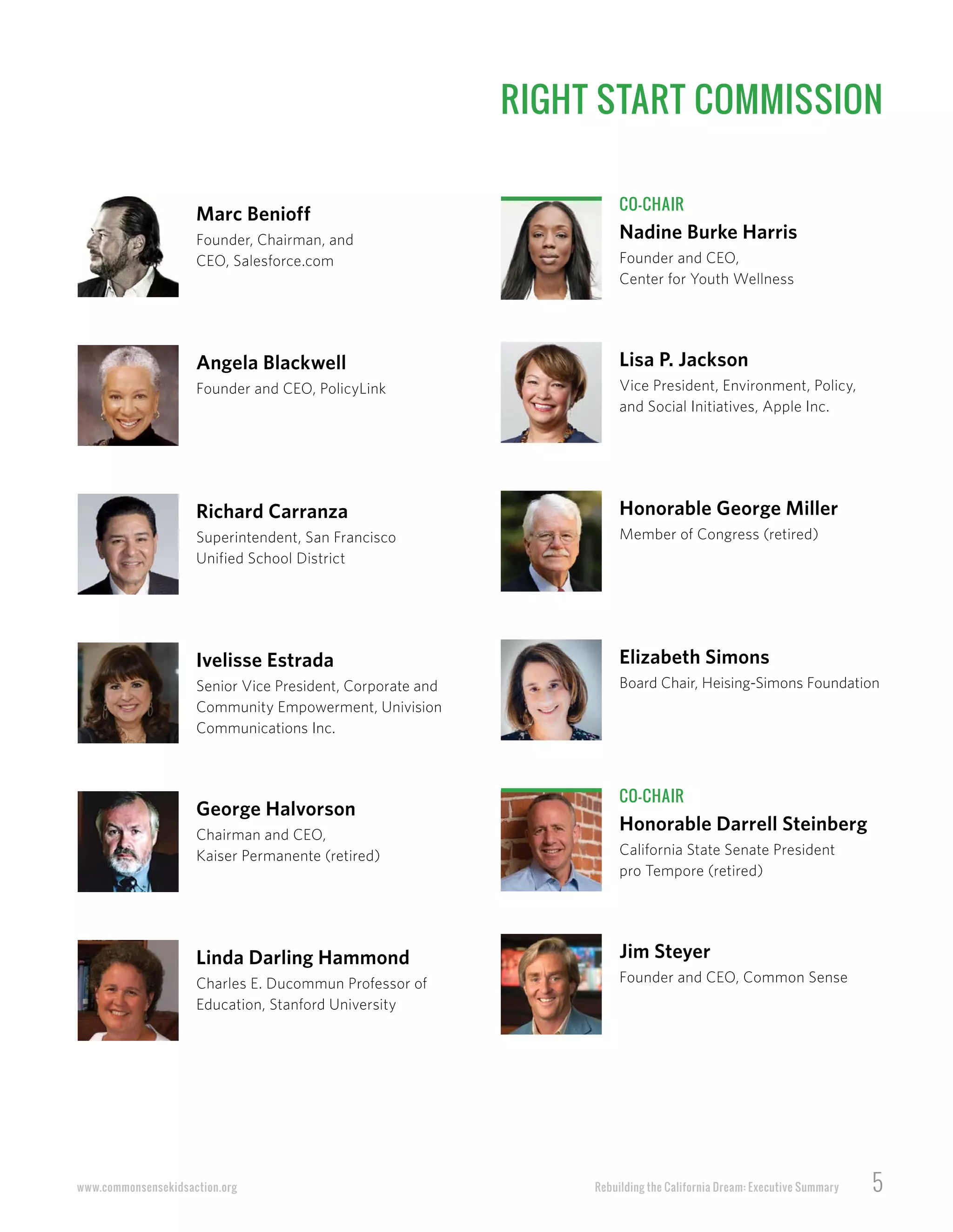Rebuilding the California Dream: Executive Summary 5www.commonsensekidsaction.org
RIGHT START COMMISSION
Marc Benioff
Founder, Chairman, and
CEO, Salesforce.com
Angela Blackwell
Founder and CEO, PolicyLink
Richard Carranza
Superintendent, San Francisco
Unified School District
Ivelisse Estrada
Senior Vice President, Corporate and
Community Empowerment, Univision
Communications Inc.
George Halvorson
Chairman and CEO,
Kaiser Permanente (retired)
Linda Darling Hammond
Charles E. Ducommun Professor of
Education, Stanford University
CO-CHAIR
Nadine Burke Harris
Founder and CEO,
Center for Youth Wellness
Lisa P. Jackson
Vice President, Environment, Policy,
and Social Initiatives, Apple Inc.
Honorable George Miller
Member of Congress (retired)
Elizabeth Simons
Board Chair, Heising-Simons Foundation
CO-CHAIR
Honorable Darrell Steinberg
California State Senate President
pro Tempore (retired)
Jim Steyer
Founder and CEO, Common Sense
 