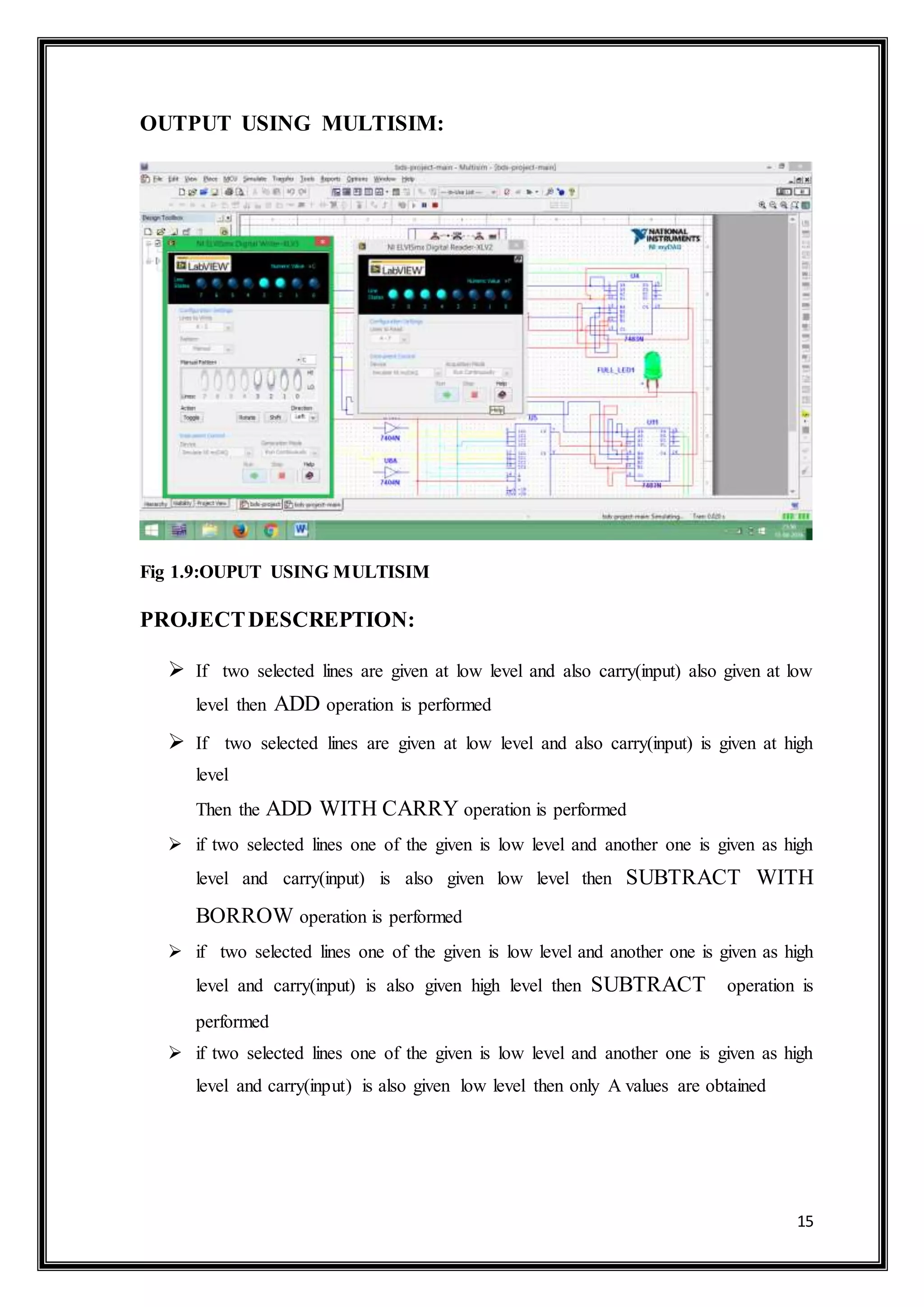 15
OUTPUT USING MULTISIM:
Fig 1.9:OUPUT USING MULTISIM
PROJECTDESCREPTION:
 If two selected lines are given at low level and also carry(input) also given at low
level then ADD operation is performed
 If two selected lines are given at low level and also carry(input) is given at high
level
Then the ADD WITH CARRY operation is performed
 if two selected lines one of the given is low level and another one is given as high
level and carry(input) is also given low level then SUBTRACT WITH
BORROW operation is performed
 if two selected lines one of the given is low level and another one is given as high
level and carry(input) is also given high level then SUBTRACT operation is
performed
 if two selected lines one of the given is low level and another one is given as high
level and carry(input) is also given low level then only A values are obtained
 