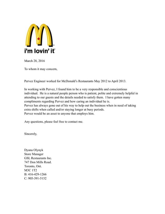 Reference Letter McDonalds PDF Reference Letter McDonalds PDF