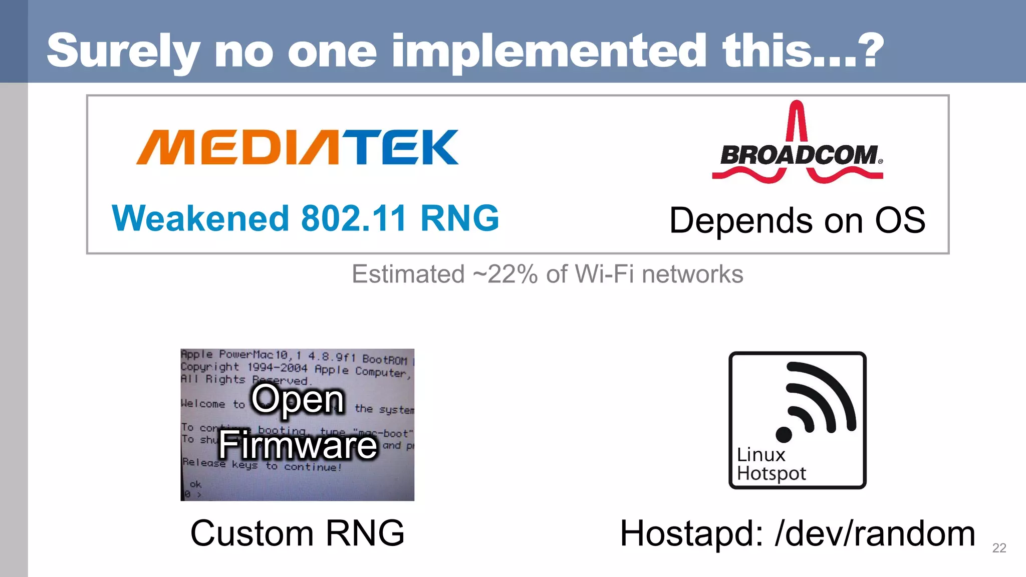 Surely no one implemented this…?
22
Weakened 802.11 RNG Depends on OS
Custom RNG
Open
Firmware
Hostapd: /dev/random
Estimated ~22% of Wi-Fi networks
 