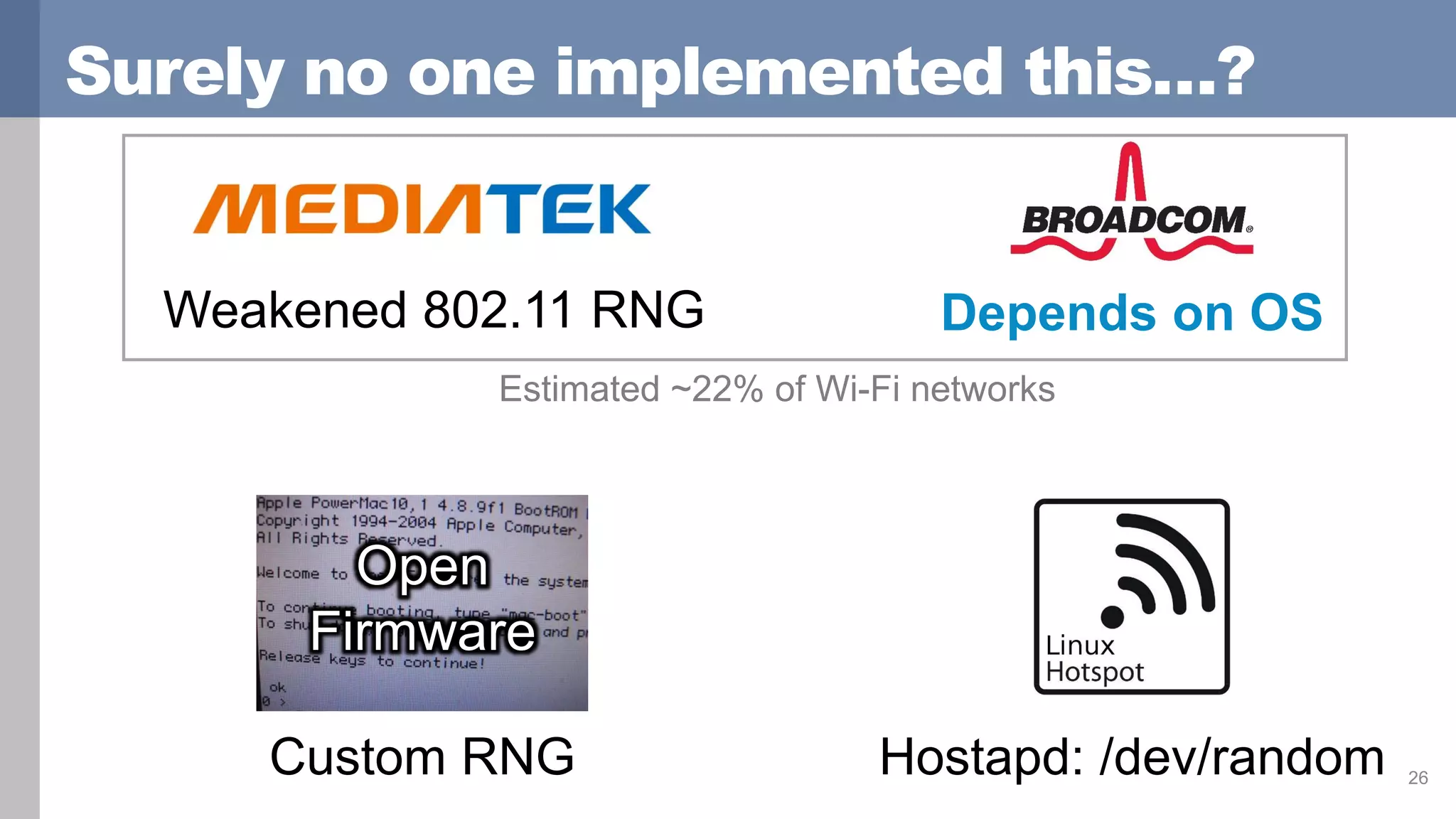 Surely no one implemented this…?
26
Weakened 802.11 RNG Depends on OS
Custom RNG
Open
Firmware
Estimated ~22% of Wi-Fi networks
Hostapd: /dev/random
 