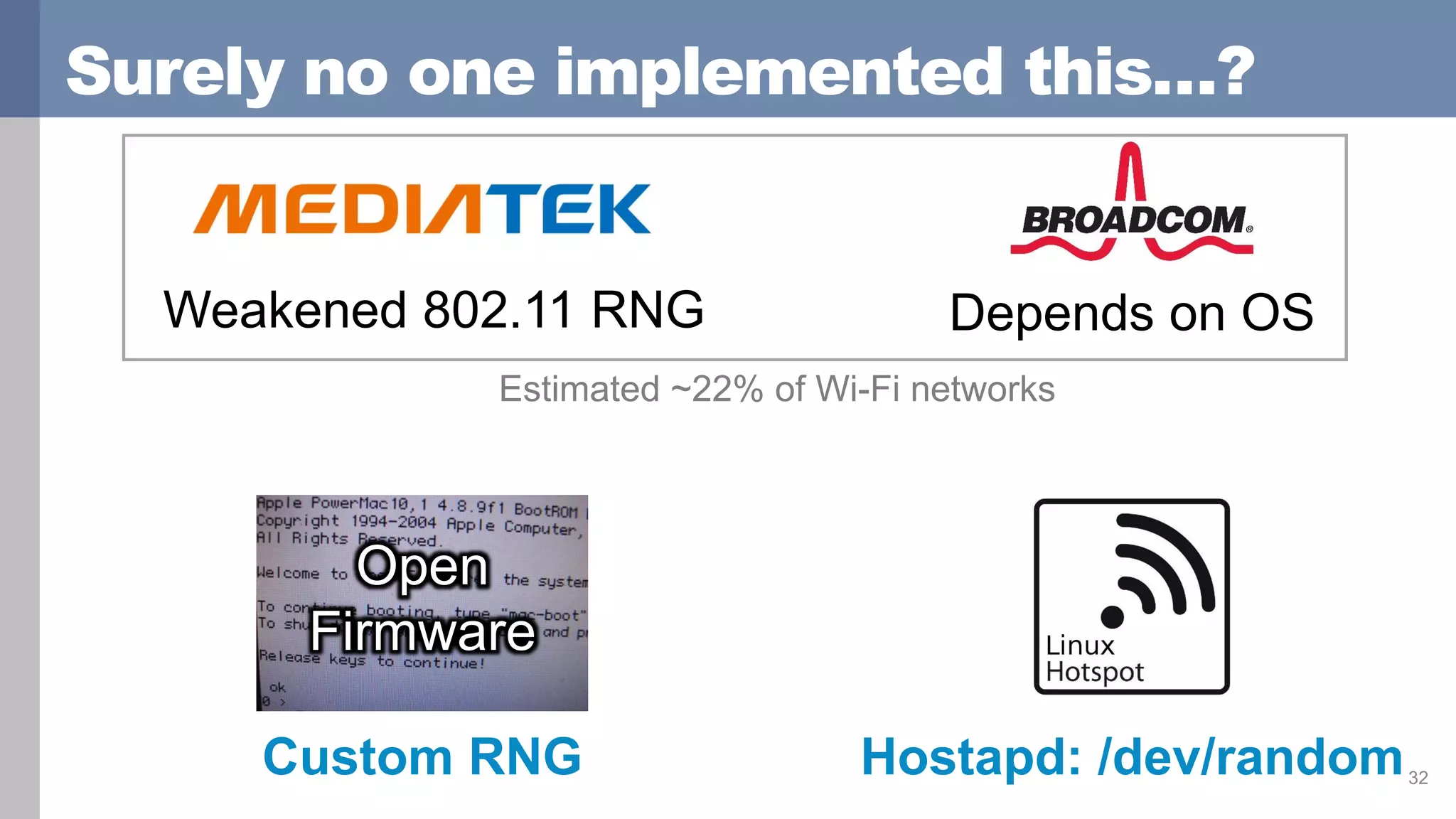 Surely no one implemented this…?
32
Weakened 802.11 RNG Depends on OS
Custom RNG
Open
Firmware
Estimated ~22% of Wi-Fi networks
Hostapd: /dev/random
 