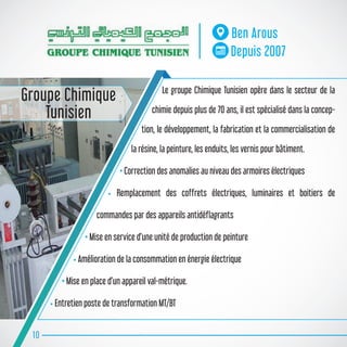 Le groupe Chimique Tunisien opère dans le secteur de la
chimie depuis plus de 70 ans, il est spécialisé dans la concep-
tion, le développement, la fabrication et la commercialisation de
la résine, la peinture, les enduits, les vernis pour bâtiment.
• Correction des anomalies au niveau des armoires électriques
• Remplacement des coffrets électriques, luminaires et boitiers de
commandes par des appareils antidéflagrants
• Mise en service d’une unité de production de peinture
• Amélioration de la consommation en énergie électrique
• Mise en place d’un appareil val-métrique.
• Entretien poste de transformation MT/BT
10
Ben Arous
Depuis 2007
Groupe Chimique
Tunisien
 
