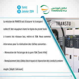 La mission de TRANSTU est d’assurer le transport
collectif des voyageurs dans la région du grand Tunis
à travers les réseaux bus, métro et TGM. Nous sommes
intervenus pour la réalisation des tâches suivantes :
• Rénovation de l’éclairage de la gare TGM (Tunis Ville)
• Remplacement des câbles électriques et réparation des conduits endom-
magés (dépôt Zahrouni)
13
Tunis
Janvier 2014
TRANSTU
 