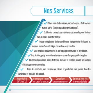 Nos Services
Clé en main de la mise en place d’un poste de transfor-
mation MT/BT (aérien ou cabine préfabriquée).
Etablir des contrats de maintenance annuelle pour l’entre-
tien du poste Transformateur.
Etude énergétique de l’ensemble des équipements de l’usine et
mise en place d’une stratégie corrective ou préventive.
Mise en place des armoires et coffrets de commande et protection.
Installation, programmation et mise en place d’un groupe électrogène.
Electrificationusines,sallesdetravail,bureauxetterrainssuivantlesnormes
d’éclairage conventionnelles.
Pose des conduits, des chemins de câbles et goulottes, des gaines dans les
tranchées, et passage des câbles.
02
Disponibilité
24/24 et 7/7
Conseils et
accompagnement
Garantie pour les
travaux réalisés
Intervention rapide
en cas d’urgences
 