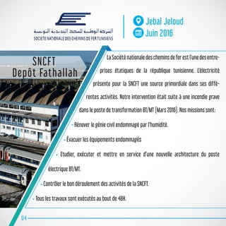 LaSociéténationaledescheminsdeferestl’unedesentre-
prises étatiques de la république tunisienne. L’électricité
présente pour la SNCFT une source primordiale dans ses diffé-
rentes activités. Notre intervention était suite à une incendie grave
dans le poste de transformation BT/MT (Mars 2016). Nos missions sont:
• Rénover le génie civil endommagé par l’humidité.
• Évacuer les équipements endommagés
• Etudier, exécuter et mettre en service d’une nouvelle architecture du poste
électrique BT/MT.
• Contrôler le bon déroulement des activités de la SNCFT.
• Tous les travaux sont exécutés au bout de 48H.
04
Jebal Jeloud
Juin 2016
SNCFT
Depôt Fathallah
 