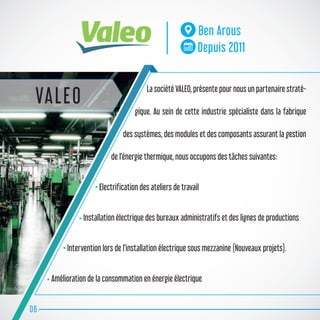 La société VALEO, présente pour nous un partenaire straté-
gique. Au sein de cette industrie spécialiste dans la fabrique
des systèmes, des modules et des composants assurant la gestion
de l’énergie thermique, nous occupons des tâches suivantes:
• Electrification des ateliers de travail
• Installation électrique des bureaux administratifs et des lignes de productions
• Intervention lors de l’installation électrique sous mezzanine (Nouveaux projets).
• Amélioration de la consommation en énergie électrique
06
Ben Arous
Depuis 2011
VALEO
 
