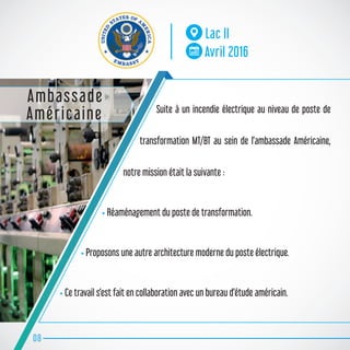 Suite à un incendie électrique au niveau de poste de
transformation MT/BT au sein de l’ambassade Américaine,
notre mission était la suivante :
• Réaménagement du poste de transformation.
• Proposons une autre architecture moderne du poste électrique.
• Ce travail s’est fait en collaboration avec un bureau d’étude américain.
08
Lac II
Avril 2016
Ambassade
Américaine
 
