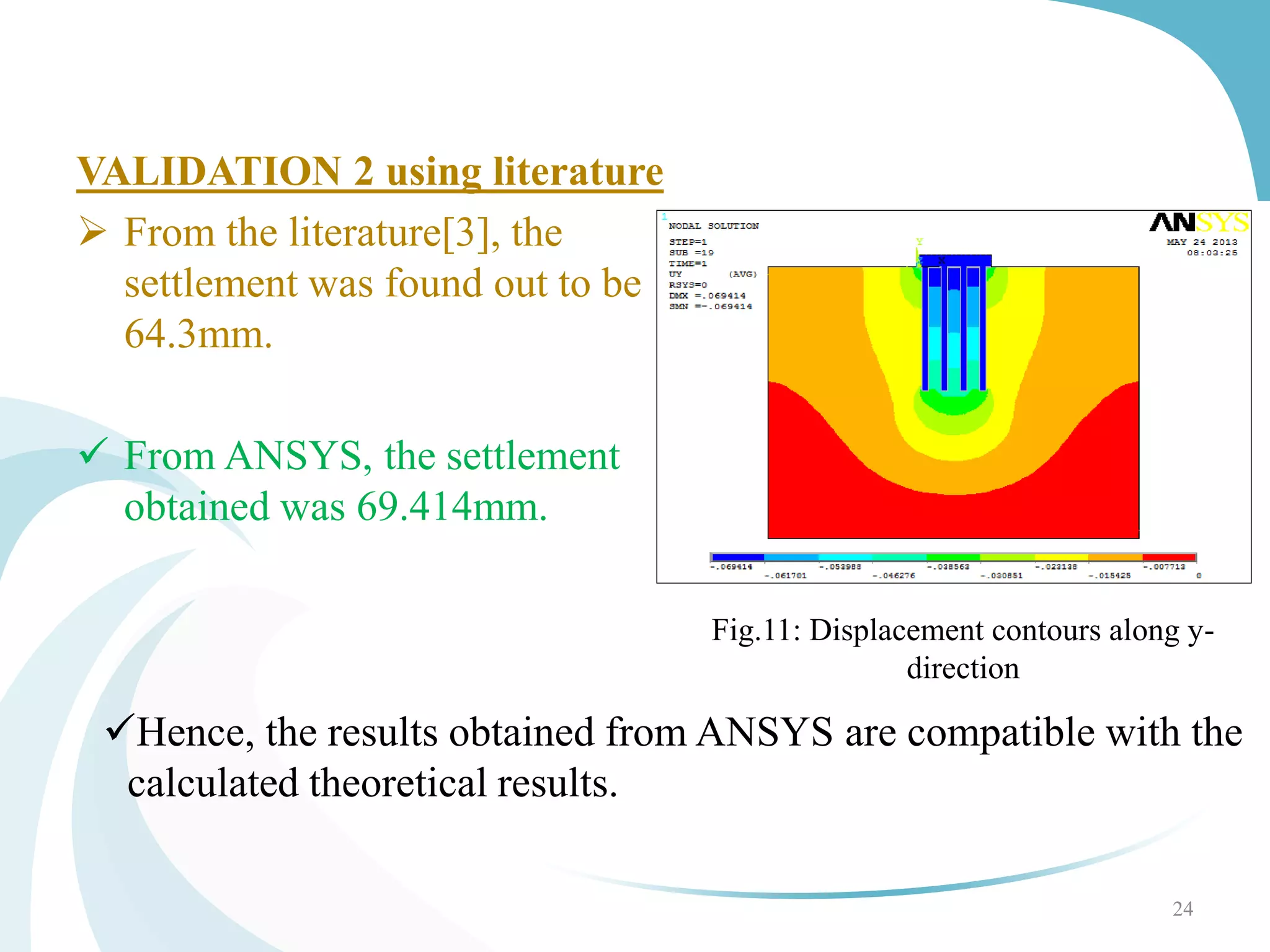 24
Fig.11: Displacement contours along y-
direction
VALIDATION 2 using literature
 From the literature[3], the
settlement was found out to be
64.3mm.
 From ANSYS, the settlement
obtained was 69.414mm.
Hence, the results obtained from ANSYS are compatible with the
calculated theoretical results.
 