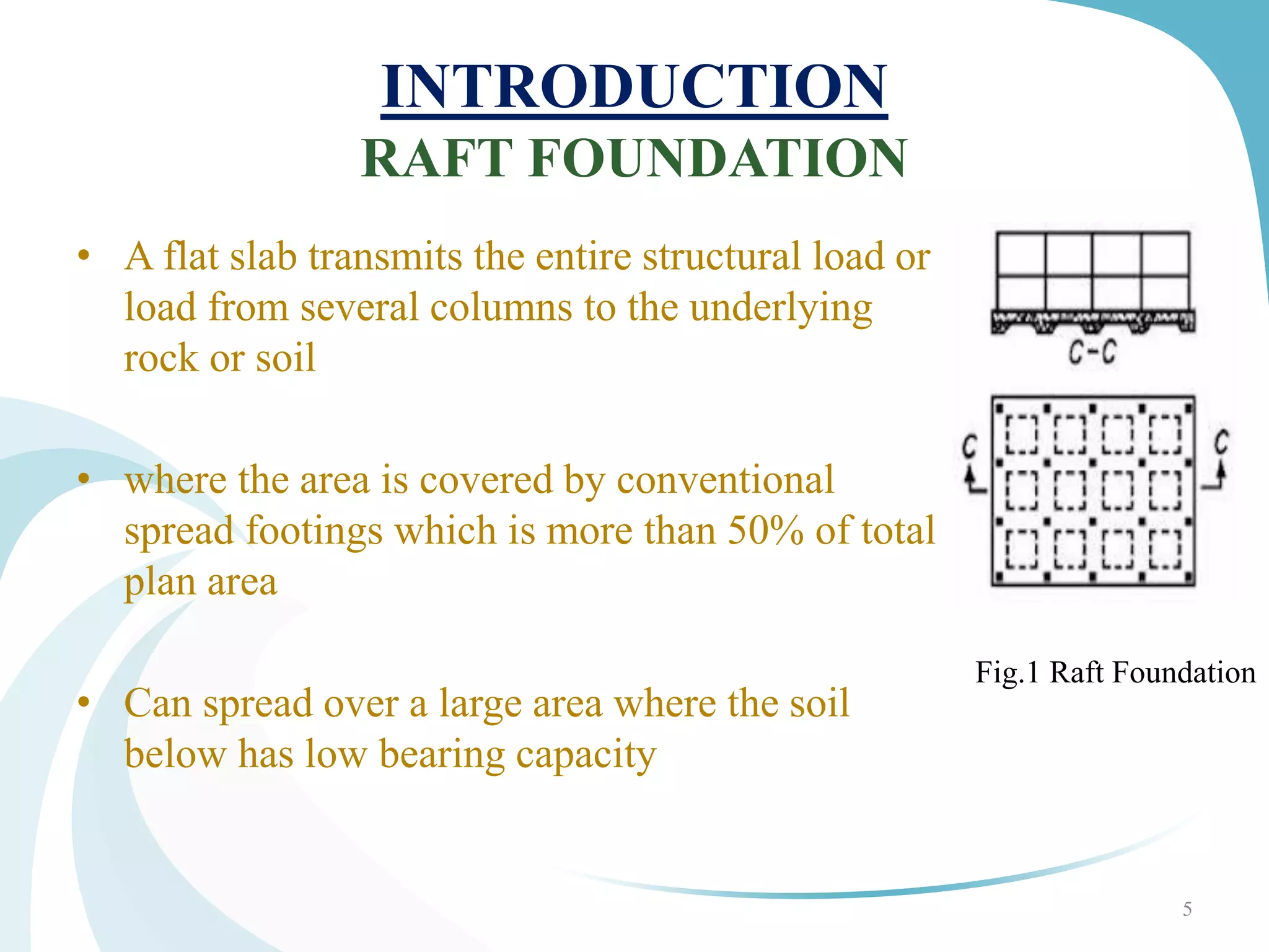 INTRODUCTION
RAFT FOUNDATION
• A flat slab transmits the entire structural load or
load from several columns to the underlying
rock or soil
• where the area is covered by conventional
spread footings which is more than 50% of total
plan area
• Can spread over a large area where the soil
below has low bearing capacity
Fig.1 Raft Foundation
5
 