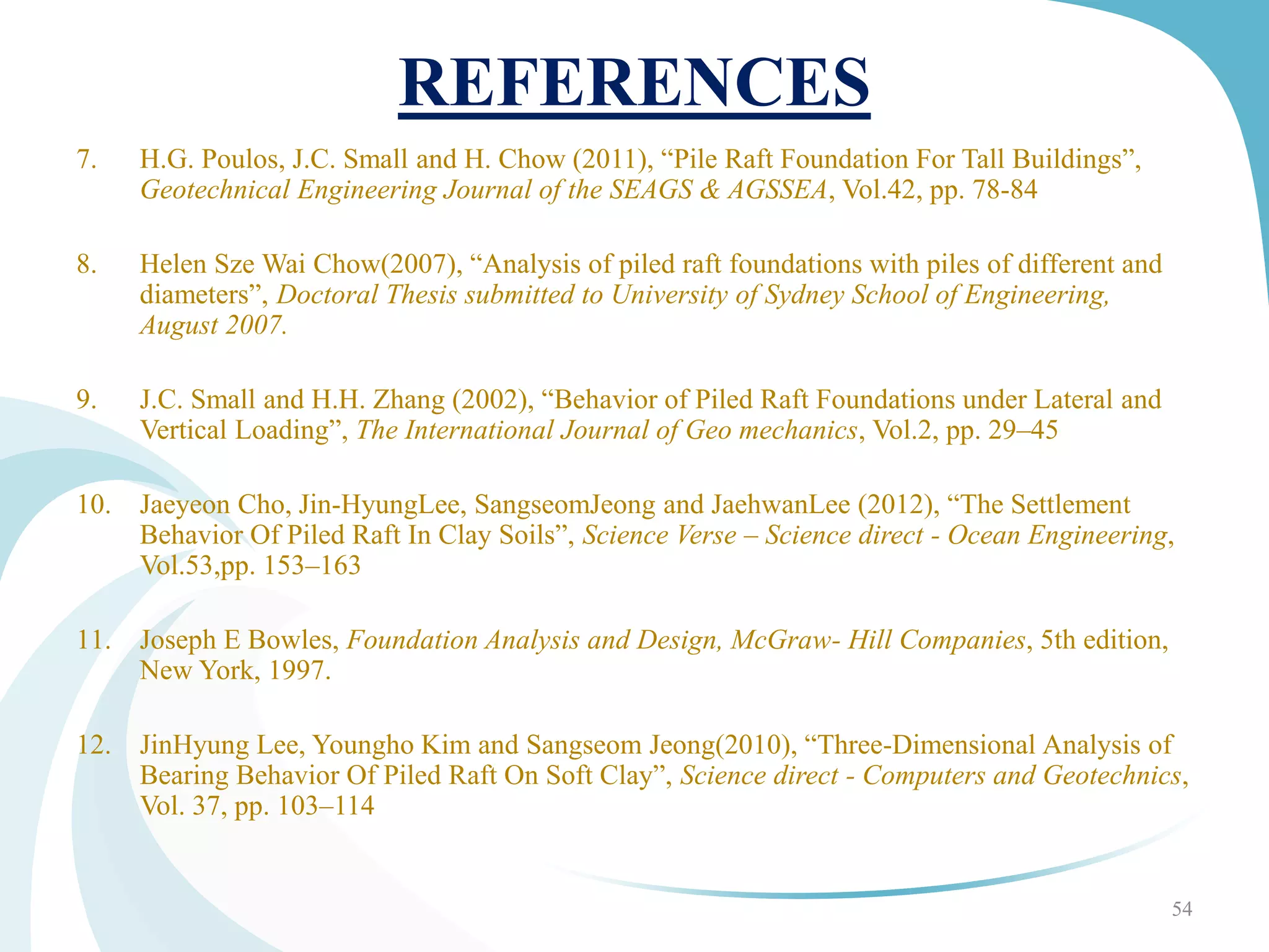 REFERENCES
7. H.G. Poulos, J.C. Small and H. Chow (2011), “Pile Raft Foundation For Tall Buildings”,
Geotechnical Engineering Journal of the SEAGS & AGSSEA, Vol.42, pp. 78-84
8. Helen Sze Wai Chow(2007), “Analysis of piled raft foundations with piles of different and
diameters”, Doctoral Thesis submitted to University of Sydney School of Engineering,
August 2007.
9. J.C. Small and H.H. Zhang (2002), “Behavior of Piled Raft Foundations under Lateral and
Vertical Loading”, The International Journal of Geo mechanics, Vol.2, pp. 29–45
10. Jaeyeon Cho, Jin-HyungLee, SangseomJeong and JaehwanLee (2012), “The Settlement
Behavior Of Piled Raft In Clay Soils”, Science Verse – Science direct - Ocean Engineering,
Vol.53,pp. 153–163
11. Joseph E Bowles, Foundation Analysis and Design, McGraw- Hill Companies, 5th edition,
New York, 1997.
12. JinHyung Lee, Youngho Kim and Sangseom Jeong(2010), “Three-Dimensional Analysis of
Bearing Behavior Of Piled Raft On Soft Clay”, Science direct - Computers and Geotechnics,
Vol. 37, pp. 103–114
54
 