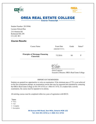 Student Number: 20139946
Luciano Edward Rao
214 Altamira Rd
Richmond Hill, ON
CA L4C 4E1
Course Results:
Course Name Exam Date Grade Status*
(MM/DD/YYYY)
Principles of Mortgage Financing
Classroom
7/2/2016 84 P
Ozzie Logozzo
Executive Director, OREA Real Estate College
IMPORTANT REMINDERS
Students are granted two opportunities to write an examination. If the minimum pass of 75% is not achieved
on the first examination attempt, an examination rewrite date may be requested and scheduled by contacting
the OREA Real Estate College at 416-391-6732 or 1-866-411-6732. If a student fails a rewrite
examination, the course must be repeated in its entirety.
All articling courses must be completed within two years of registration with RECO.
*Status
P - Pass
F - Fail
C - Complete
I - Incomplete
99 Duncan Mill Road, Don Mills, Ontario M3B 1Z2
Tel: 416-391-6732 or 1-866-411-6732
 