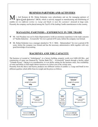 cand
Prese
The
cons
“Vel
of w
Prese
diffe
Mr. Anil
“Selan
dles (in two
ently the com
MAN
Mr. Anil Pi
of “Seetha I
Mr. Ruhan
years, befor
good knowl
business is
struction of
landa Piyasa
water and abil
ently from t
erent qualitie
M
SMALL
sized, eac
packet 
contained
40 numbe
of Candle
B
Kumara &
Candle Indu
different ve
mpany can b
NAGING
iyadasa was
Industries – A
Kularatne w
re the comp
ledge of acco
M
Located at “
same was fi
a”. Taking in
lity to find a
the above sa
es which diff
Brand 
"SEL
weight o
40
ch 
d 
er 
es
Retail price LK
Wholesale price 
Retail price LK
Wholesale price 
BUSINES
& Mr. Ruhan
ustries” (SC
erities i.e. L
be placed am
G PARTN
an Ex-Sales
Avissawella
was a manag
any was for
ounting.
MACHIN
“Anhettigam
inanced by “
n to conside
ample labour
id factory pr
fer from its w
named
LAN" 
of a packet 
00g
KR.160/‐
LKR.120/‐
LARGE
sized, each p
containe
08 number of 
KR.160/‐
LKR.120/‐
SS PART
n Kularatne
CI), which i
Large and S
mong the Top
NERS - E
s Representa
a” for over a
er attached t
rmed and ha
NES AN
ma”, in a fac
“Seylan Ban
eration, it is
r resources a
roduces two
weight and t
E
packet 
ed 
Candles 
TNERS A
e were scho
s actively en
Small, to m
p 02 of the le
EXPERI
ative (with a
period of 05
to “D. C. M
as the neces
D THE C
ctory buildin
nk PLC – A
an idyllic se
at a lower co
o different ve
the prices as
AND AC
oolmates and
ngaged in m
eet the cust
eading Cand
IENCE I
an enormous
5 years, befo
Mills – Balum
sary admini
CAPACI
ng, property
Avissawella”
etting for the
st in the vici
erities of can
follows.
SMALL
sized, eac
packet 
contained
40 numbe
of Candle
TIVITIE
d are the m
manufacturin
tomers’ dem
dle manufact
IN THE
experience
ore the comp
mmahara” fo
strative skil
ITY
worth over
” branch thro
e business s
inity area.
ndles i.e. La
Brand 
"DES
weight o
36
h 
d 
er 
es
Retail price LK
Wholesale price 
Retail price LK
Wholesale price 
ES
managing pa
ng and distri
mand) in lar
turers in the
TRADE
in the trade
pany was for
or over a per
ls together w
LKR.6.00 M
ough a facil
ince, free av
arge and Sma
named
SHAN" 
f a packet 
60g
R.160/‐
LKR.120/‐
LARGE
sized, each p
containe
08 number of 
KR.150/‐
LKR.110/‐
artners of
ibuting of
rge scale.
country.
E
concern)
rmed.
riod of 06
with very
Mio., and
ity called
vailability
all in two
E
packet 
ed 
Candles 
 