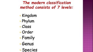 The modern classification
method consists of 7 levels:
 Kingdom
 Phylum
 Class
 Order
 Family
 Genus
 Species
 