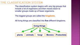 The classification system begins with very big groups that
include a lot of organisms and then moves down to
smaller groups made up of fewer organisms.
The biggest groups are called the kingdoms.
All living things are classified into five different kingdoms.
plants Protoctistaanimals Monerafungi
living things
 