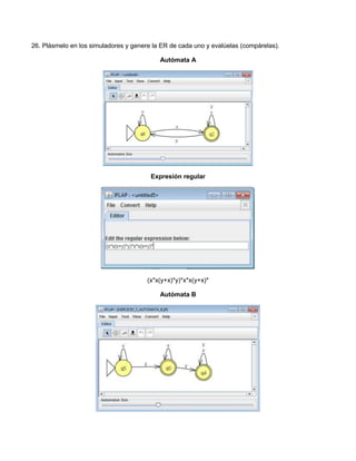 26. Plásmelo en los simuladores y genere la ER de cada uno y evalúelas (compárelas).

                                           Autómata A




                                        Expresión regular




                                       (x*x(y+x)*y)*x*x(y+x)*

                                           Autómata B
 