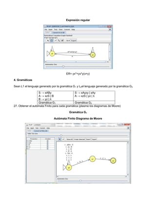Expresión regular




                                         ER= yx*+yx*y(x+y)

4. Gramáticas

Sean L1 el lenguaje generado por la gramática G1 y L2el lenguaje generado por la gramática G2

                   S → xABy                     S → xAyzy | xAy
                   A → xzS | B                  A → xzS | yz | λ
                   B → yz | λ
                   Gramática G1                 Gramática G2
27. Obtener el autómata Finito para cada gramática (plasme los diagramas de Moore)

                                           Gramática G1

                               Autómata Finito Diagrama de Moore
 