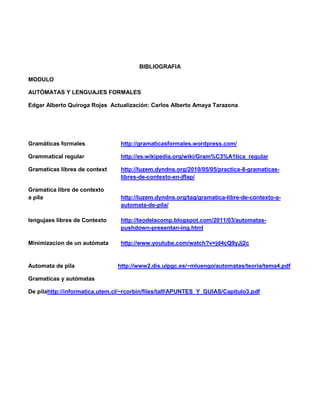 BIBLIOGRAFIA

MODULO

AUTÓMATAS Y LENGUAJES FORMALES

Edgar Alberto Quiroga Rojas Actualización: Carlos Alberto Amaya Tarazona




Gramáticas formales              http://gramaticasformales.wordpress.com/

Grammatical regular              http://es.wikipedia.org/wiki/Gram%C3%A1tica_regular

Gramaticas libres de context     http://luzem.dyndns.org/2010/05/05/practica-8-gramaticas-
                                 libres-de-contexto-en-jflap/

Gramatica libre de contexto
a pila                           http://luzem.dyndns.org/tag/gramatica-libre-de-contexto-a-
                                 automata-de-pila/

lengujaes libres de Contexto     http://teodelacomp.blogspot.com/2011/03/automatas-
                                 pushdown-presentan-ing.html

Minimizacion de un autómata      http://www.youtube.com/watch?v=jd4cQ9yJj2c


Automata de pila                http://www2.dis.ulpgc.es/~mluengo/automatas/teoria/tema4.pdf

Gramaticas y autómatas

De pilahttp://informatica.utem.cl/~rcorbin/files/talf/APUNTES_Y_GUIAS/Capitulo3.pdf
 