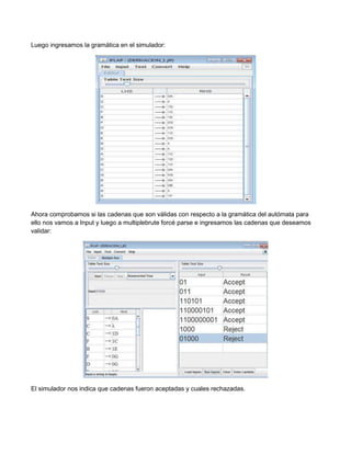 Luego ingresamos la gramática en el simulador:




Ahora comprobamos si las cadenas que son válidas con respecto a la gramática del autómata para
ello nos vamos a Input y luego a multiplebrute forcé parse e ingresamos las cadenas que deseamos
validar:




El simulador nos indica que cadenas fueron aceptadas y cuales rechazadas.
 