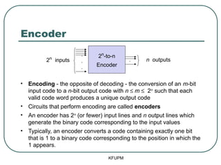 Encoder
• Encoding - the opposite of decoding - the conversion of an m-bit
input code to a n-bit output code with n £ m £ 2n
such that each
valid code word produces a unique output code
• Circuits that perform encoding are called encoders
• An encoder has 2n
(or fewer) input lines and n output lines which
generate the binary code corresponding to the input values
• Typically, an encoder converts a code containing exactly one bit
that is 1 to a binary code corresponding to the position in which the
1 appears.
.
.
.
.
n outputs
2n
inputs
2n
-to-n
Encoder
KFUPM
 