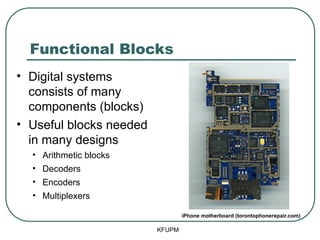 Functional Blocks
• Digital systems
consists of many
components (blocks)
• Useful blocks needed
in many designs
• Arithmetic blocks
• Decoders
• Encoders
• Multiplexers
KFUPM
iPhone motherboard (torontophonerepair.com)
 
