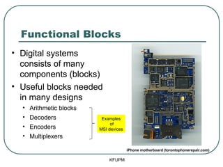 Functional Blocks
• Digital systems
consists of many
components (blocks)
• Useful blocks needed
in many designs
• Arithmetic blocks
• Decoders
• Encoders
• Multiplexers
KFUPM
iPhone motherboard (torontophonerepair.com)
Examples
of
MSI devices
 