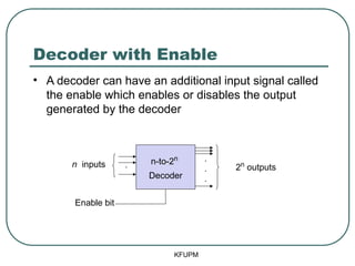 Decoder with Enable
KFUPM
• A decoder can have an additional input signal called
the enable which enables or disables the output
generated by the decoder
.
.
.
2n
outputs
n-to-2n
Decoder
Enable bit
.
n inputs
 