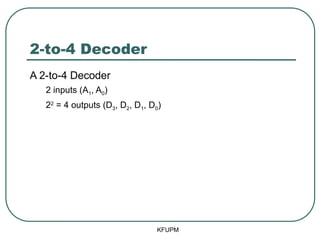 2-to-4 Decoder
A 2-to-4 Decoder
2 inputs (A1, A0)
22
= 4 outputs (D3, D2, D1, D0)
KFUPM
 