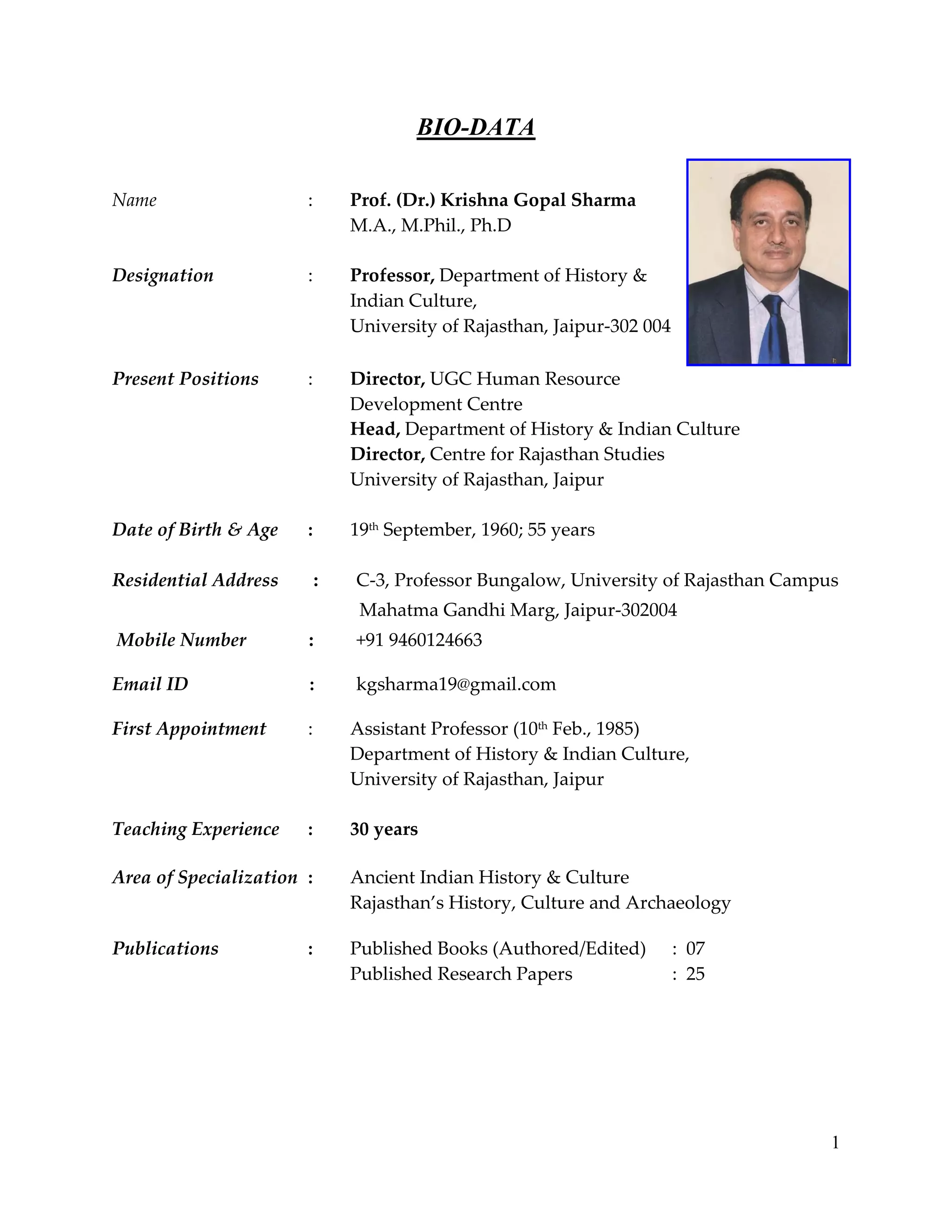 Bio-data Prof. Krishna Gopal Sharma | PDF