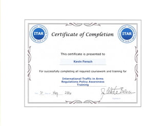 Kevin Fersch ITAR Certificate